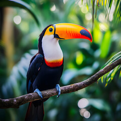 Obraz premium Vibrant toucan resting on a branch in a colorful tropical forest under bright sunlight