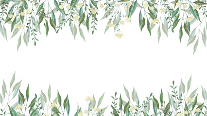 Frame with watercolor illustrations of various herbs. Frame with hand-drawn green branches of herbs. Perfect for wedding, birthday, seasonal holidays.