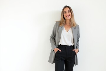 Half-Length (Waist-Up) portrait of young stylish smiling Jordanian female model in business wear isolated on pure white background looking at camera