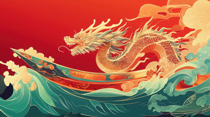 Fototapeta premium A contemporary illustration of the Dragon Boat Festival: dragon boat with intricate designs racing across serene waters. Red background.