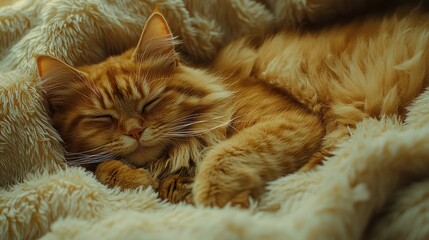 Naklejka premium Peaceful Ginger Cat Napping in Cozy Blanket