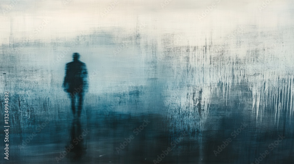 Aufkleber Melancholic reflections with raindrops on window and distant figure in soft blue and gray hues