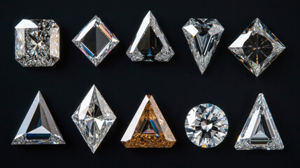 A top-down layout of differently cut diamonds set against a black background with space for text