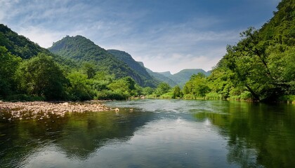 silky smooth river surface with surrounding mountains and lush greenery greenery peaceful scene