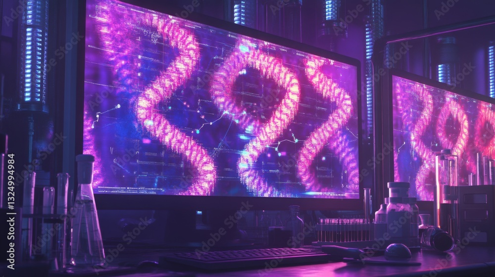 Poster In a high-tech laboratory, multiple screens display vibrant AI-generated simulations of complex biological structures.
