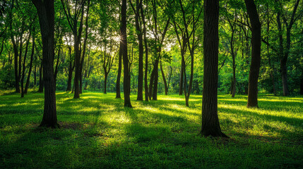 Naklejka premium A tranquil forest scene featuring lush green trees, evoking a sense of peace and serenity