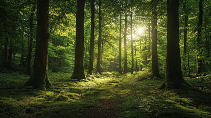 Obraz premium A tranquil forest scene featuring lush green trees, evoking a sense of peace and serenity