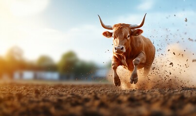 Powerful Bull Running Across Field