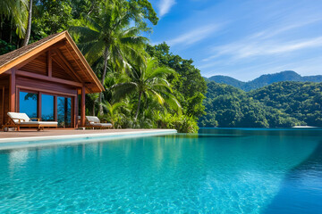 Obraz premium Tropical escape with infinity pool and wooden chalet. Lush greenery surrounds a serene swimming pool, leading to a mountain backdrop