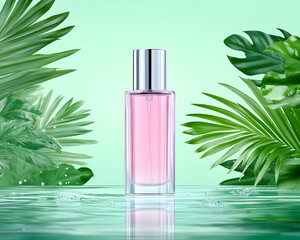 Tropical perfume bottle on water, surrounded by lush greenery