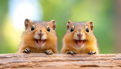 Two adorable chipmunks with wide smiles, peering over a log