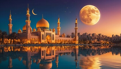 Fototapeta premium Majestic Mosque at Twilight with Supermoon
