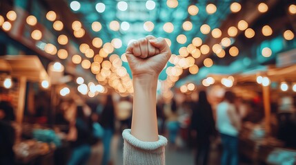 A close-up of a raised fist against a blurred market background with warm lights.