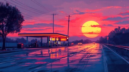 A neon-lit gas station on an empty highway, 80s night drive feel