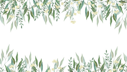 Frame with watercolor illustrations of various herbs. Frame with hand-drawn green branches of herbs. Perfect for wedding, birthday, seasonal holidays.