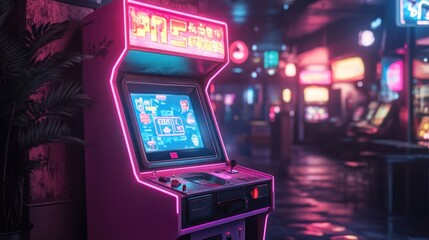 A pastel arcade machine glowing in dim light, nostalgic atmosphere