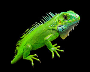 Obraz premium Vibrant green iguana against black background