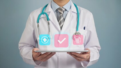 A healthcare professional in a white coat holds a tablet displaying digital icons related to medical care and patient information. The setting highlights modern healthcare practices