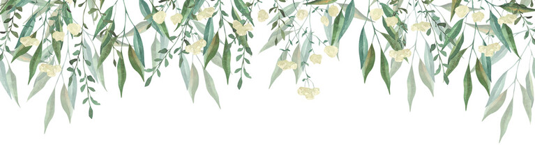 Frame with watercolor illustrations of various herbs. Frame with hand-drawn green branches of herbs. Perfect for wedding, birthday, seasonal holidays.