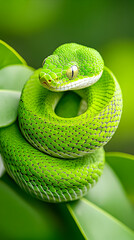 Vibrant green snake coiled on leaf