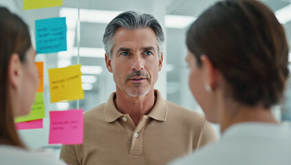 A group of professionals engages in a collaborative brainstorming session in a contemporary office. Colorful sticky notes adorn the glass wall, enhancing creativity