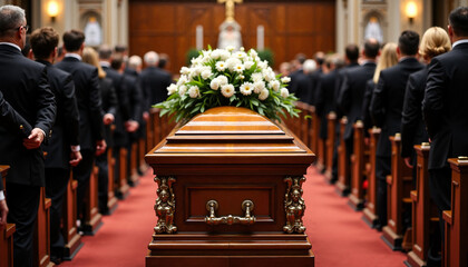Mourners in formal attire at a funeral with a floral casket