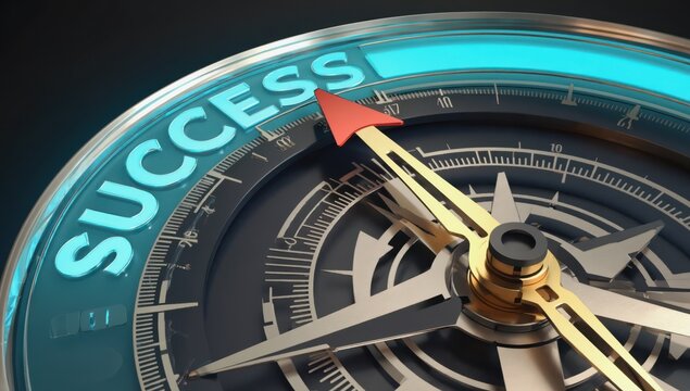 A compass featuring the word success prominently highlighted in vivid blue. The golden arrow is oriented towards the word, symbolizing a focus on achieving goals and aspirations