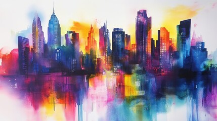 Fototapeta premium A colorful watercolor painting of a city skyline at dusk