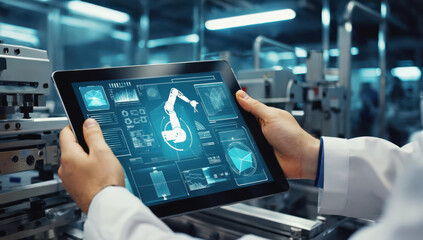 A worker in a lab coat inspects a tablet displaying robotic automation data in a modern manufacturing environment. High-tech machinery surrounds the worker, showcasing advanced industrial processes