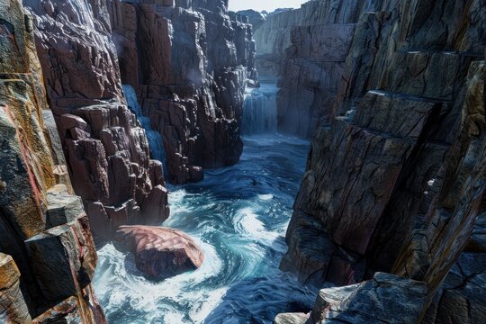 Dramatic rocky canyon with cascading waterfall and swirling water