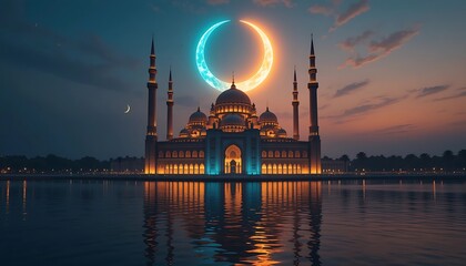 Fototapeta premium Majestic Mosque at Dusk with Crescent Moon, Ramadan Celebration