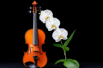 Violin and orchid on black background