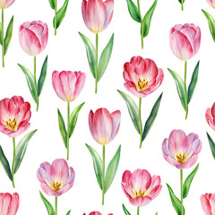 Obraz premium Seamless pattern blooming pink tulips watercolor illustration flowers for textile, packaging wallpaper spring time decor