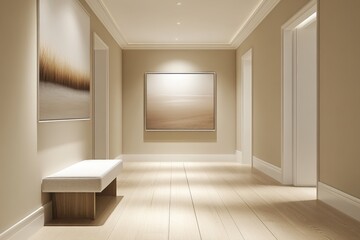 Sunlight streams through a bright hallway adorned with framed artwork, creating a warm and inviting atmosphere in a modern home setting