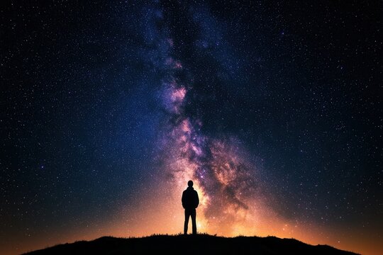 A silhouette gazes at the radiant Milky Way and cosmic nebula under a massive starry night sky