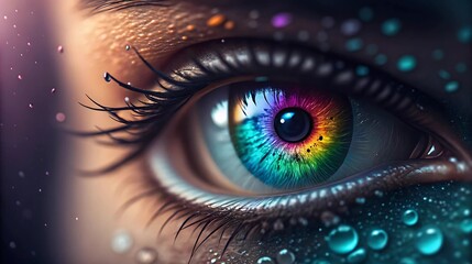 Futuristic digital art of a vibrant rainbow-colored eye