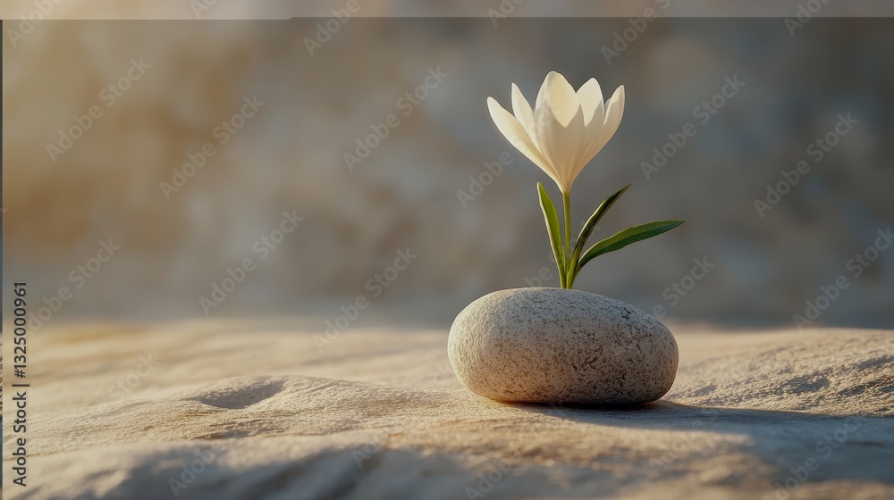 Poster delicate white flower on smooth stone surrounded by pebbles in a tranquil setting