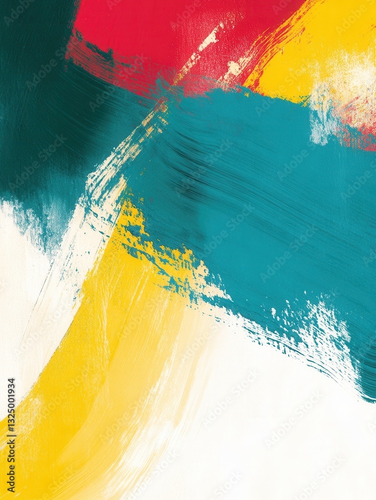 Poster bold abstract canvas featuring vibrant teal, yellow, and red strokes with room for inspiring text on