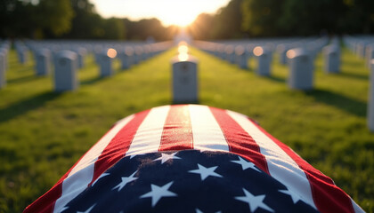 Casket draped in American flag at sunset in cemetery