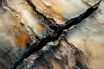 Naklejka premium A deep crack splits a rocky surface, revealing contrasting earth tones and textures.