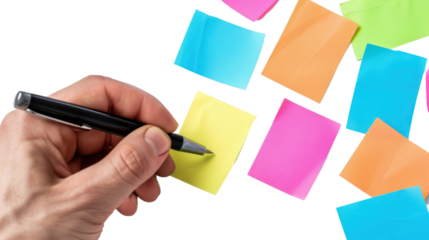 Businessman writing on sticky note with transparent background