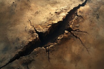 A large crack splits parched earth, revealing a dark chasm.  Dry, arid landscape.