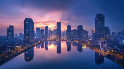 Fototapeta premium Modern skyscrapers reflected in a calm body of reflective water