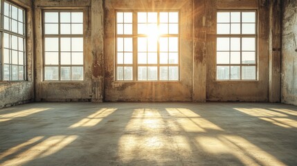 Obraz premium Sunlight Streaming Through Windows in an Empty Industrial Space