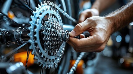 Close-up shot of a bicycle mechanic meticulously working on the rear derailleur of a bike, showcasing intricate details of the gears and chain.