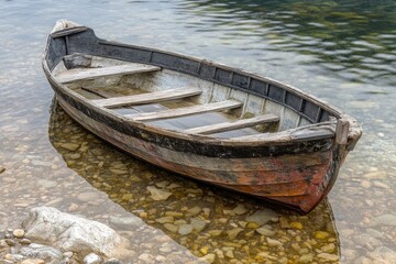 Old wooden boat resting on lake shore