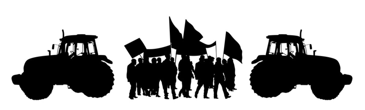 Isolated Silhouette of protesting farmers with tractors and farm equipment. Farmers protesting against low prices for their products. Strike of agricultural workers.