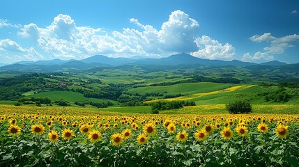 Sunflowers field, mountain valley, summer day