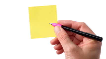 Hand holding pen writing on yellow sticky note with transparent background