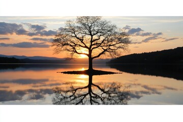 Peaceful sunset over tranquil lake with lone tree